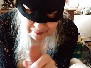 Amateur wife with a mask drops on her knees to blow a dick