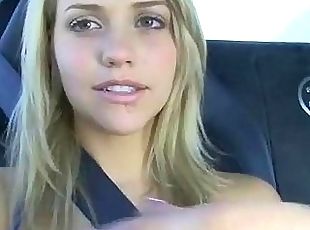 Gorgeous blonde teen rubs tits and cunt in car
